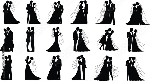 Black and white wedding couple silhouettes — romantic poses of bride and groom for ceremony, design, and celebration themes