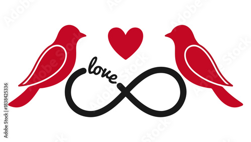 Minimal Infinity Love Tattoo with Birds, infinity love symbol, red birds art, minimal tattoo design, flat color style, simple line art, romantic tattoo idea, matching tattoo concept, png love bird, 