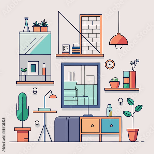 Minimalist modern living room illustration with clean lines, soft pastel colors, organized shelves, indoor plants, and cozy furniture.