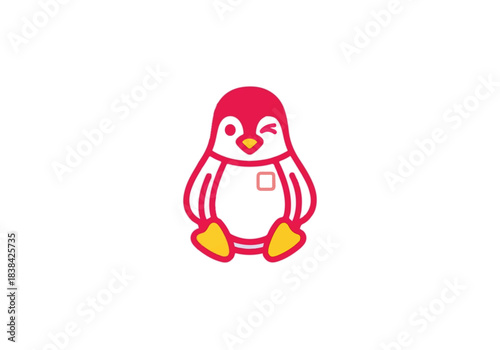 Cute cartoon penguin winking with a pocket on its chest, adorable and friendly.