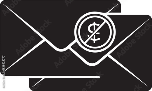 Black and white icon representing no money in an email or message