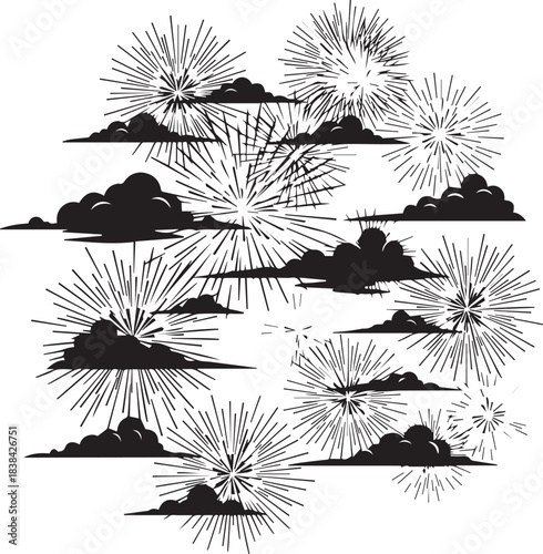 Black and white illustration of fireworks exploding above dark clouds