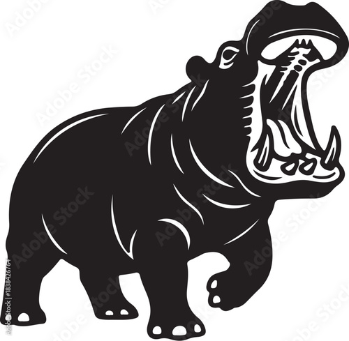 Black Silhouette of a Hippopotamus with its Mouth Wide Open Showing Teeth and Gums animal wildlife also transparent background