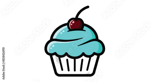 Delicious blue frosted cupcake with a cherry on top.