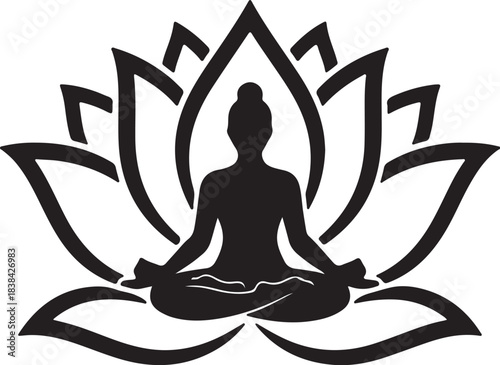 Silhouette of a person meditating in a lotus position within a stylized lotus flower yoga meditation also transparent background
