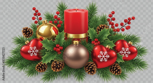 A christmas centerpiece with red candle, ornaments, pine cones, and holly berries on a white background