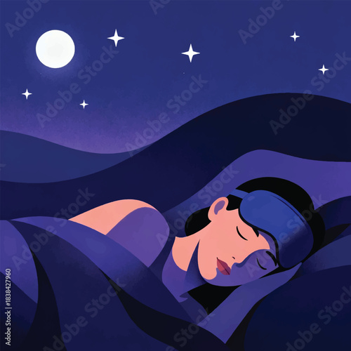 Illustration Of A Person Sleeping Peacefully Using An Eye Mask, Moon And Stars Vector Design Template