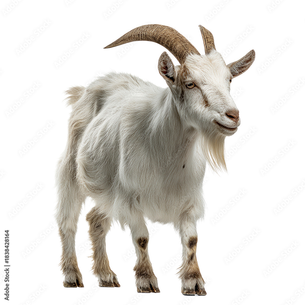 Fototapeta premium White domestic goat stands looking forward