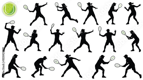 Black Silhouette Set of Female Tennis Players in Action: Women Athletes Serving, Volleying, and Hitting Forehand and Backhand Shots for Sports Icons