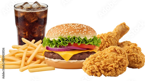Classic fast food meal with burger fries drink and chicken isolated on transparent background