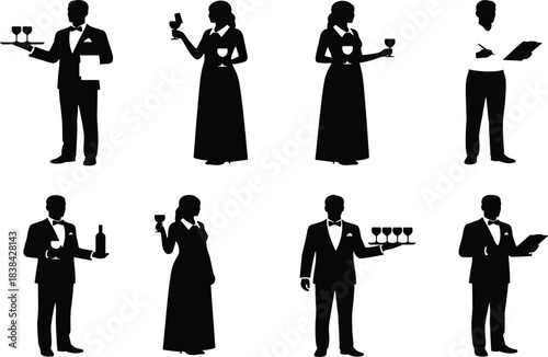 Black Silhouette Set of Fine Dining and Hospitality Staff: Waiters, Sommeliers, and Servers with Trays and Wine Glasses Icons for Service and Catering