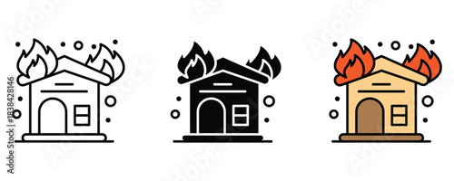 Essential warning icons showing a house engulfed in vibrant flames across multiple modern design styles
