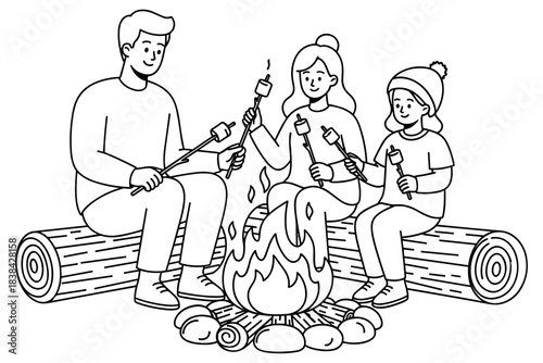Cartoon camping scene illustration of three people roasting marshmallows around campfire, black and white line art