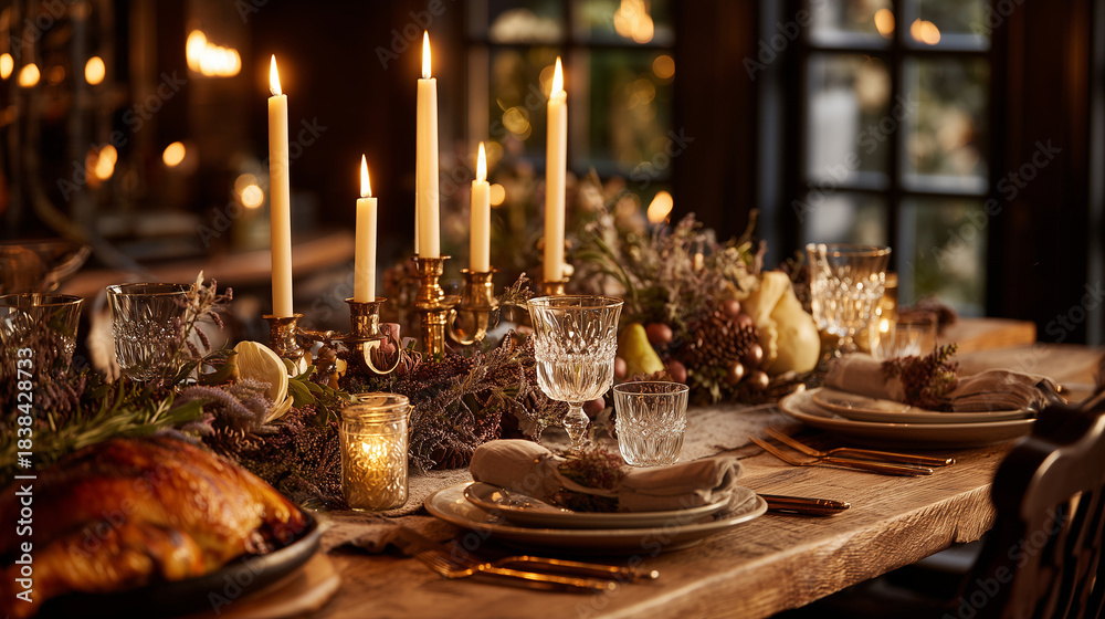 Naklejka premium Warm holiday dinner table with candles, festive food, and elegant New Year dÃ©cor