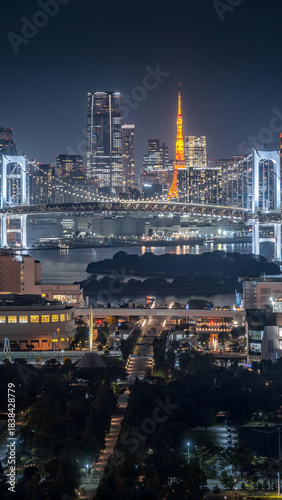 Tableau sur toile Illuminated Tokyo Tower and Rainbow Bridge Over Tokyo Bay at Nighttime