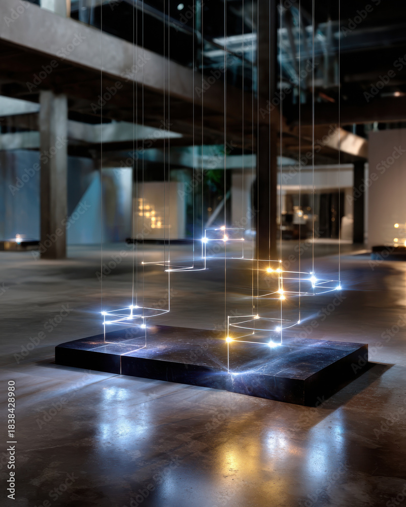 Obraz premium A captivating modern art installation featuring suspended lights, showcasing the interplay of illumination and space in a contemporary gallery setting.