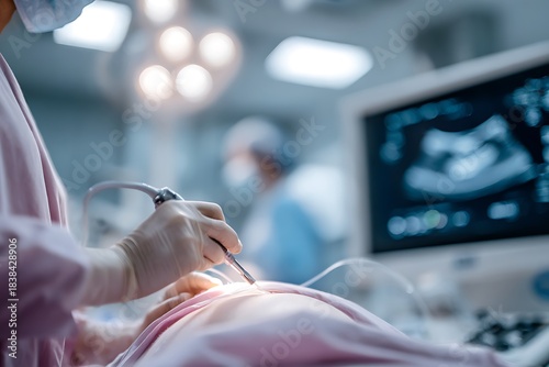 Close up of a surgeon performing a minimally invasive laparoscopic procedure with specialized tools in a sterile operating room, symbolizing precision, modern surgery, and low risk.