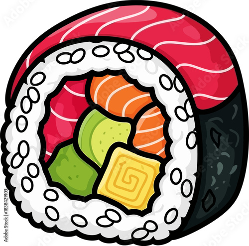 Delicious Sushi Roll with Salmon Avocado and Tamagoyaki.