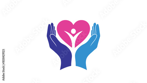 Caring Hands Holding Heart with Abstract Human Figure Logo Design