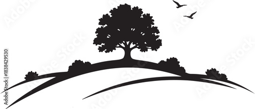 black silhouette of hill and tree scenery on white background, vector