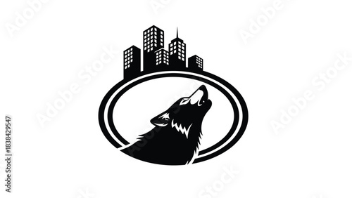 Wolf Howling Silhouette with City Skyline Vector Logo Design