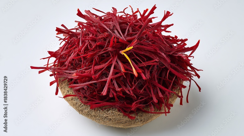 Naklejka premium Vibrant red saffron strands displayed in a natural woven bowl, showcasing the unique texture and color of this prized spice, perfect for culinary and artistic applications
