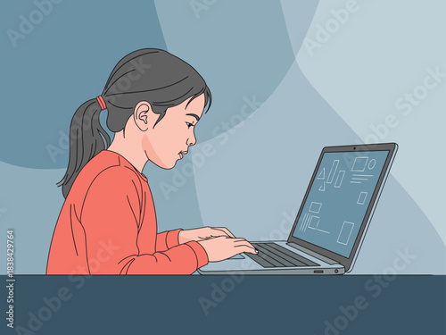 A young Asian girl intently works on a laptop, bathed in screen light. A bright, modern illustration style emphasizes a hopeful future.  ?Future is Bright? text overlay.