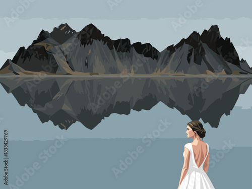 A beautiful bride gazes at a stunning mountain reflection, symbolizing unity and love. Elegant, minimalist, and visually captivating for wedding and relationship themes.