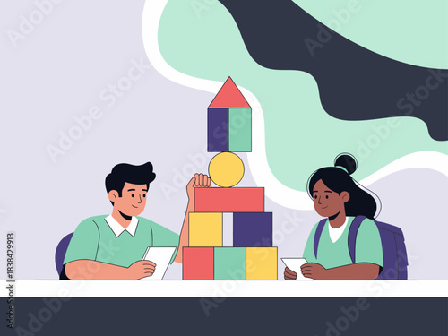 Two young adults collaborate building a block tower, symbolizing ambition and teamwork. A bright, modern illustration with a playful aesthetic. Build big dreams!