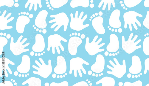 Baby Boy Hand Foot Prints Seamless Pattern on Blue Background