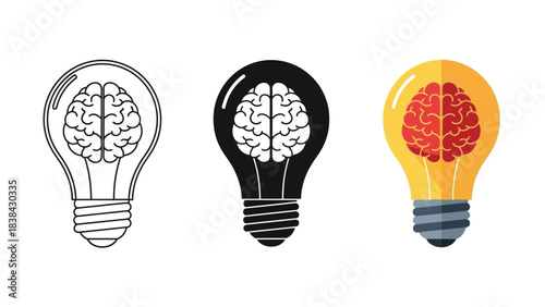 Brain Light Bulb Icon Set Vector Illustration. Concept of Idea, Intelligence, Creativity, and Innovation Symbolized by Human Brain Inside a Lamp.
