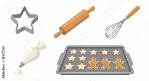 Baking Utensils and Gingerbread Cookies on a Baking Tray