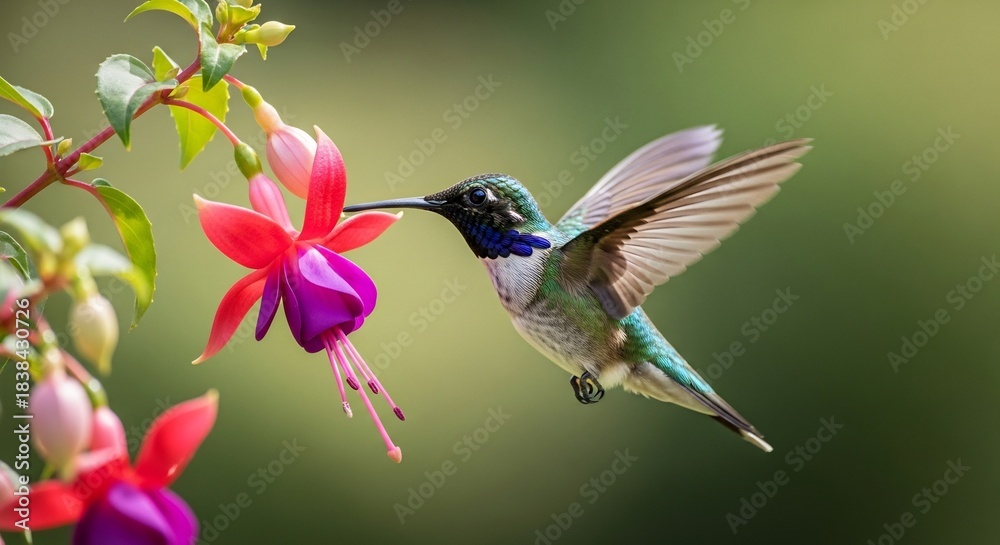 Naklejka premium Hummingbird sips nectar from a fuchsia flower in soft focus