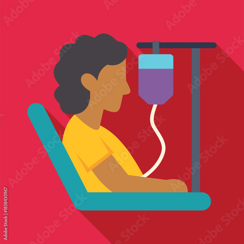 Patient sitting while receiving infusion treatment from an iv drip in a hospital