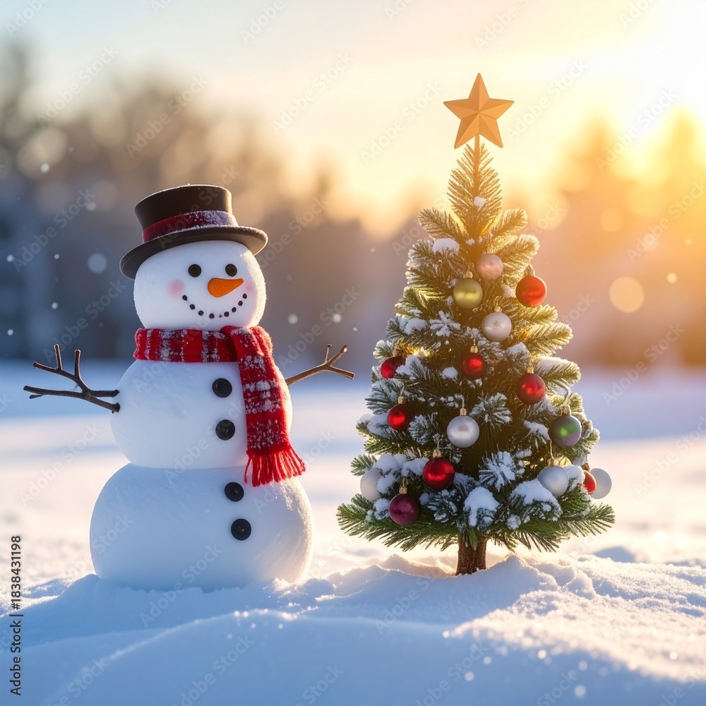 Obraz premium Whimsical Winter Wonderland: Snowman and Decorated Christmas Tree in a Snowy Field