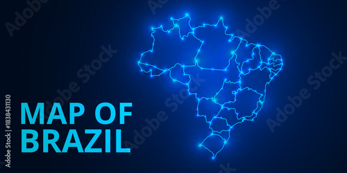 Low Poly Digital Map of Brazil with Neon Glowing Connections
