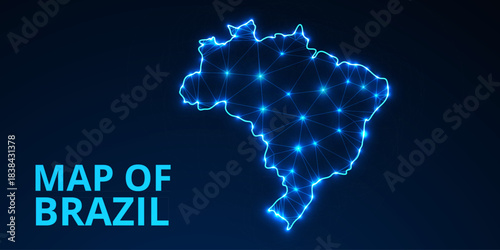Low Poly Digital Map of Brazil with Neon Glowing Connections