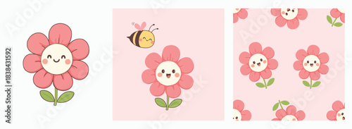 Cute happy flower and bee illustration set with a soft pink seamless pattern, designed for children's graphics, stationery, textiles, and playful decorative projects.