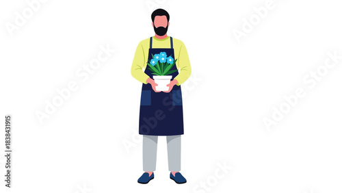 Male Florist or Gardener Holding Potted Blue Flowers
