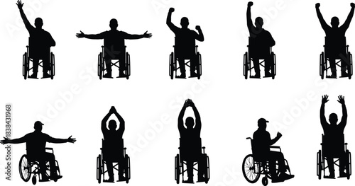 Collection of men silhouettes in wheelchairs celebrating success, showing determination, happiness, achievement, disability sport, overcoming challenges, and freedom of movement concept.