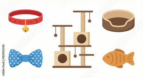 Collection of pet accessories including a collar, bow tie, scratching post, and toy