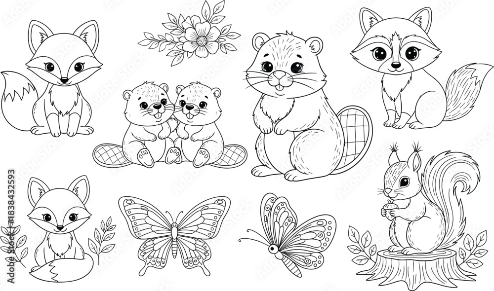 Obraz premium Cute Forest Woodland Animals Vector Set Including Foxes, Beavers, Squirrel, Raccoon, and Nature Elements for Coloring