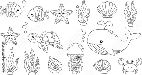 Cute Undersea World Vector Collection of Sea Animals, Including Whales, Turtles, Fish, Starfish, and Jellyfish