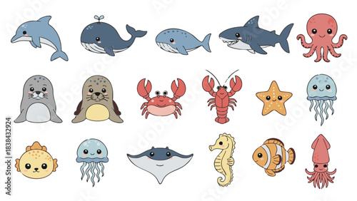 Cute flat kawaii vector set of 15 sea animal faces including dolphin, whale, shark, octopus, seal, sea lion, turtle, crab, lobster, starfish, jellyfish, manta ray, clownfish, seahorse and squid
