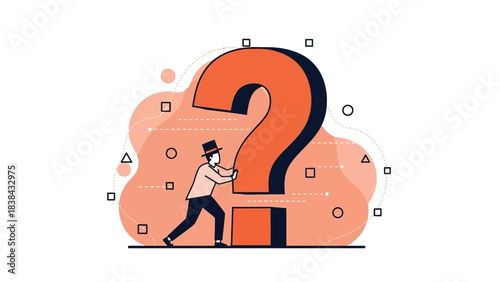 Man Pushing Large Question Mark Symbol. Business Challenge, Problem Solving, or Decision Making Concept Vector Illustration