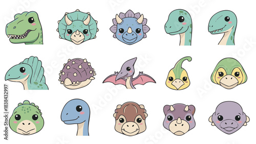 Cute flat kawaii vector set of 15 dinosaur faces including T-rex, triceratops, stegosaurus, brachiosaurus, velociraptor, spinosaurus, ankylosaurus, pterodactyl and others, isolated on white background