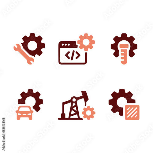 Modern industrial service icons featuring maintenance coding automotive energy and material processing concepts