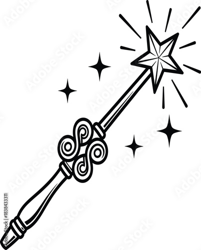 Magical Wand with Shining Star and Ornate Handle Outline Vector Illustration for Fairy Tales Magic Shows and Fantasy Themes.