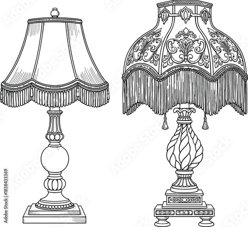 Detailed Vintage Table Lamps Vector Collection with Fringed Shades, Perfect for Retro Interior Design and Home Decor