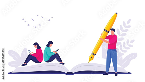 Literature, Storytelling, and Content Creation Vector Illustration: People Writing, Reading, and Studying on a Giant Open Book with a Fountain Pen